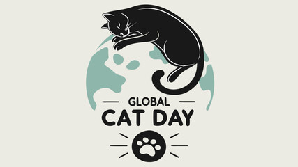 Global Cat Day Vector Illustration - Sleek Black Cat Curled on Globe with Paw Print in Elegant Flat Design