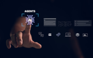 Futuristic AI agents concept with glowing circuit chip, digital interface, automation icons, and technology elements for innovation, machine learning, and virtual assistant.
