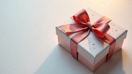 Obraz premium A Delicate Gift Box with a Rosy Ribbon and Gentle Water Droplets