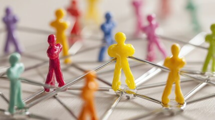 Colorful plastic toy figures interconnected by strings on a white background, representing teamwork and collaboration