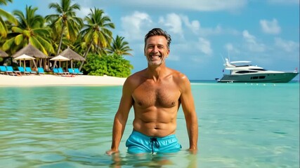 A happy elderly man in blue swimming trunks, smiling, walking along the turquoise ocean water against the backdrop of a luxurious yacht and a tropical island. The concept of a joyful retirement trip