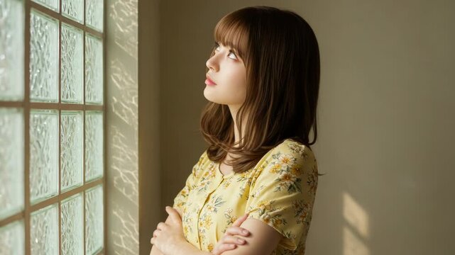 Young japanese woman looking out a window with sunlight casting shadows, arms crossed in thought
