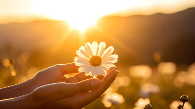Hands holding flower sunset