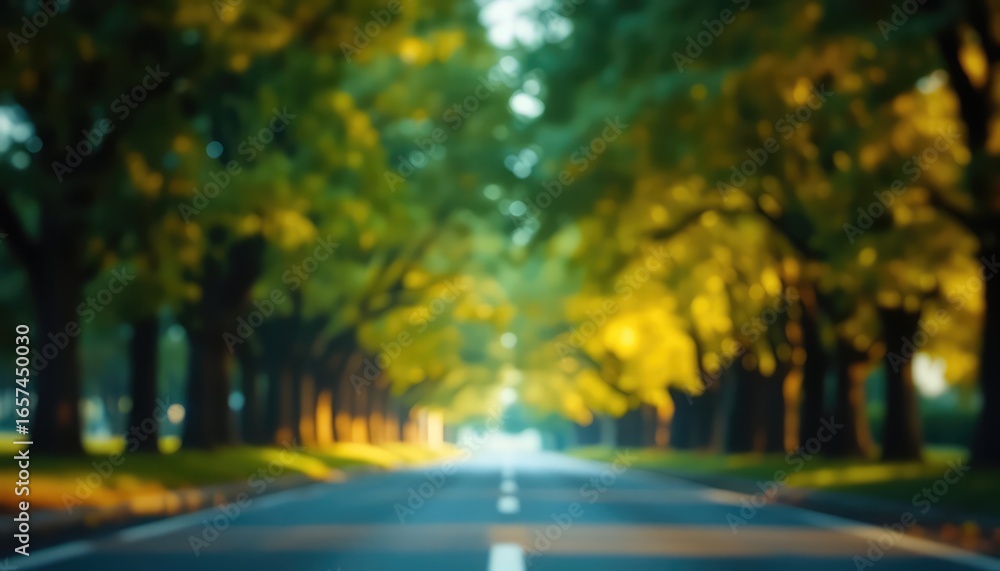 Poster Sunlight filters through a canopy of trees along a road, creating a scenic and calming atmosphere