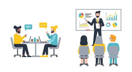 A Business Presentation and Team Collaboration are shown in this illustration, with a speaker presenting data to an audience and a separate team working together on laptops.