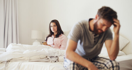 Frustrated woman, argument and conflict with stress in bed for cheating affair or disagreement....