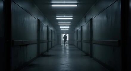 Eerie Figure Silhouetted in a Dark, Long Hospital Corridor with Dim Lighting