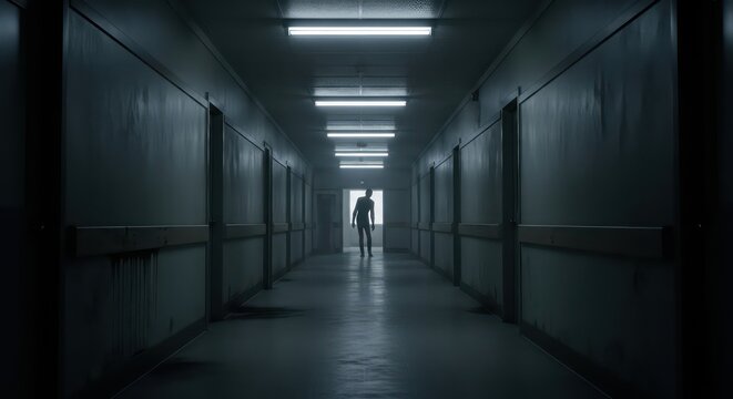 Eerie Figure Silhouetted in a Dark, Long Hospital Corridor with Dim Lighting