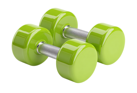 Pair of green dumbbells isolated on transparent background for fitness concept