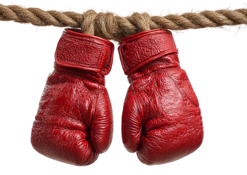 Pair of red boxing gloves hanging on a rope isolated on transparent background