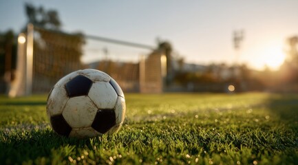 Fototapeta premium Close-up of a classic black and white soccer ball resting on lush green grass during late afternoon sunlight in an outdoor sports field