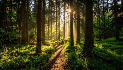 Obraz premium Enchanted Forest Path: Sun Rays Piercing Through Trees on a Woodland Trail
