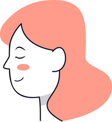 A stylized illustration of a woman's profile with closed eyes and a gentle smile, featuring flowing pink hair and rosy cheeks.