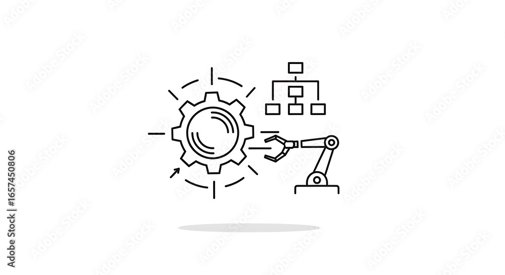 Poster line art illustration of robotic arm interacting with gear and flowchart on a white background
