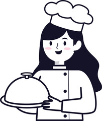 Happy female chef proudly presents a delicious dish under a silver cloche.