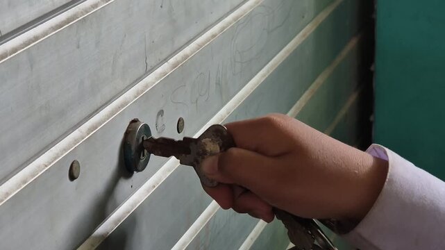 Elementary school girl is having trouble opening the garage with the wrong key