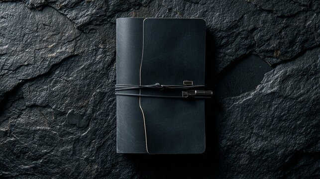 Dark leather notebook on stone