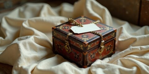 Ornate Wooden Box with Blank Tag on Cream Fabric