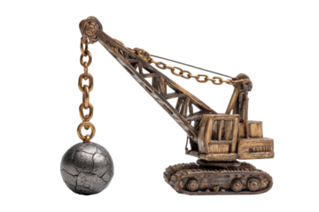 A small, bronze-toned crane model, lifting a heavy, cracked metal ball with a chain