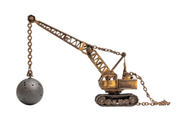 A heavy-duty crane with a large metal ball attached to its arm,  on a dark background.  Rusty,  yellowish-gold coloring.  Industrial strength
