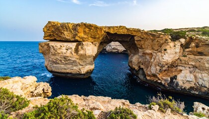 The Remains of the Azure Window Natural Arch in Gozo, Malta, Surrounded by Blue Sea
