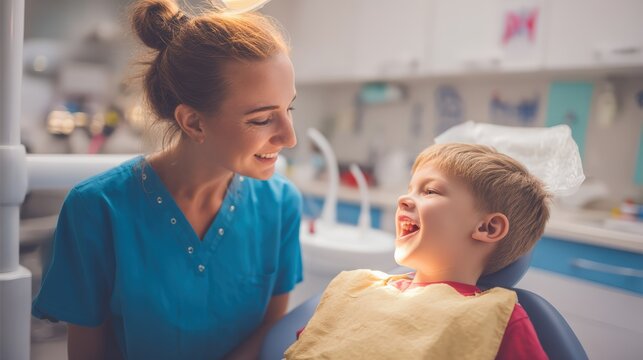 A dentist in colorful scrubs makes a funny face, making a young boy laugh while receiving dental care. The friendly atmosphere of the modern dentist office is highlighted by warm lighting,.