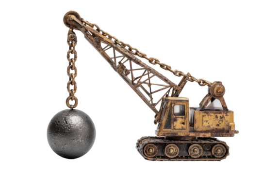 A small, antique-style crane with a large wrecking ball