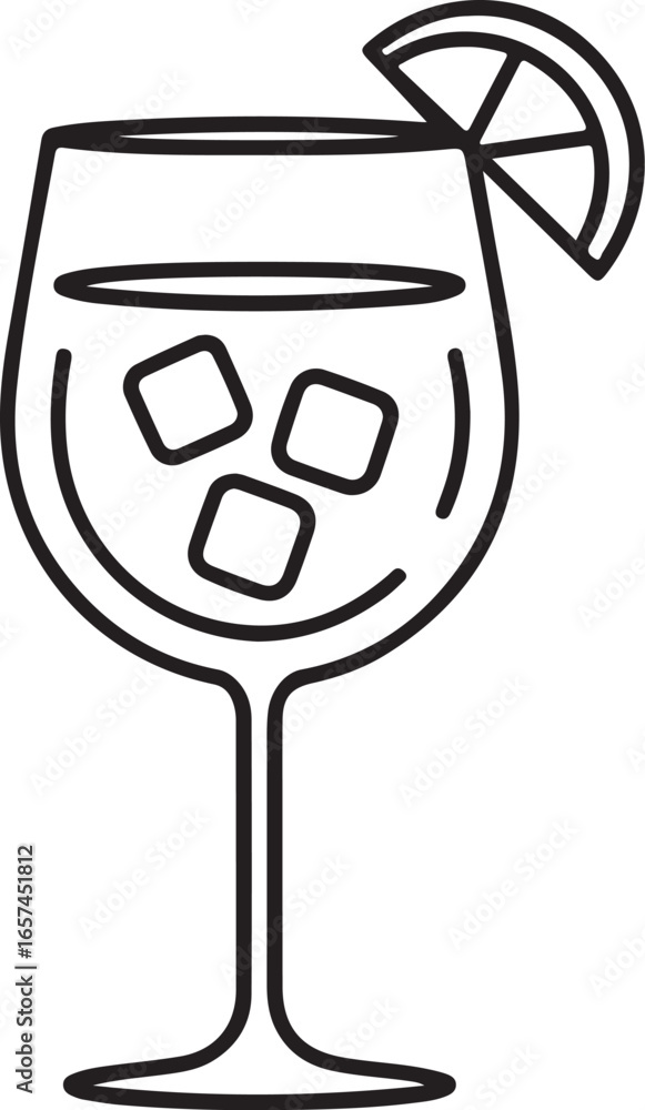 Poster simple line art drawing of a refreshing cocktail with ice and a lemon slice