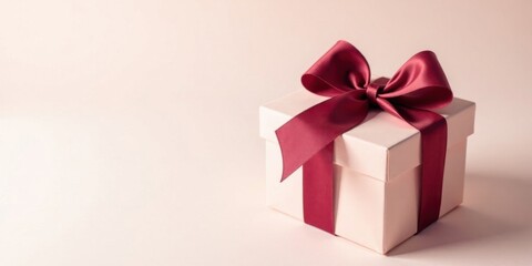 Obraz premium A delicately wrapped present, a blush-toned box adorned with a rich burgundy satin ribbon, signifying a thoughtful gesture or celebration.