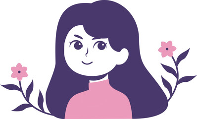 Illustration of a smiling woman with long dark hair, wearing a pink top, framed by stylized pink flowers and branches.