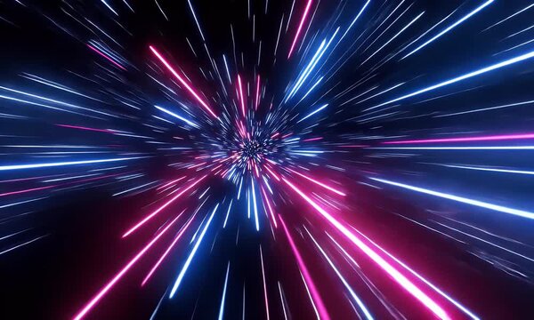
3D render, abstract background with neon light rays and glowing lines in blue, purple, and pink colors on a black background. Moving rapidly through a space-time tunnel, creating a speed motion effec - Powered by Adobe