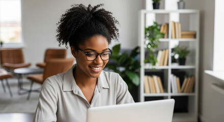 Smiling African american woman working on laptop at home office, enjoying online communication and learning new skills