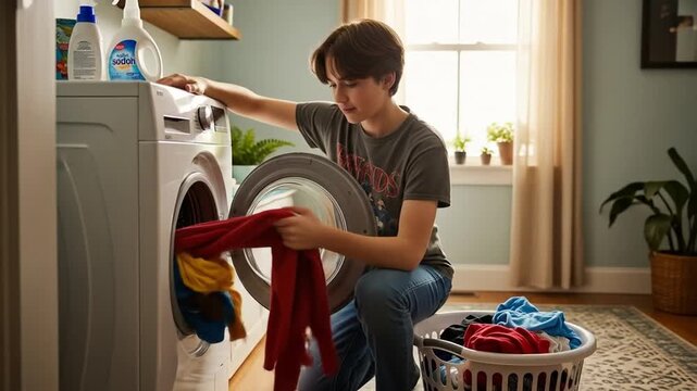 Teen Doing Laundry: A depiction of a young boy emptying the clothes washing machine at home