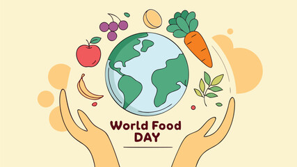 World Food Day Vector Illustration - Hands Holding Globe with Fruits and Vegetables in Flat Elegant Design for Global Nourishment Campaign