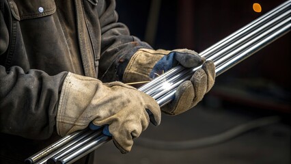 Obraz premium Skilled worker handling metal rods in a workshop