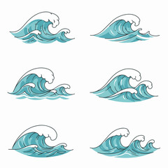 Set of stylized blue ocean waves with white foam tops on a clean white background, ideal for marine or water-themed designs.