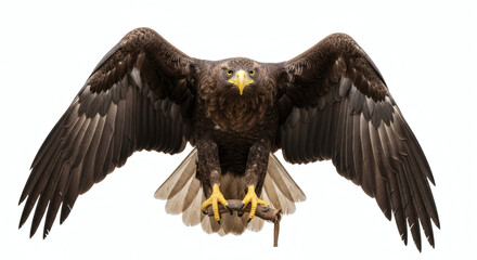 Fototapeta premium A golden eagle perched on a branch with its wings spread wide against a white background looking forward