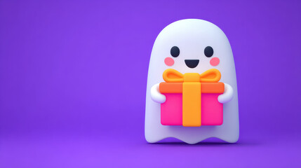 Obraz premium Cute ghost holding gift box with orange ribbon on purple background for halloween shopping sale banner