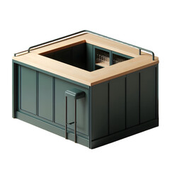 Modern kitchen island with dark green cabinetry and light wood countertop