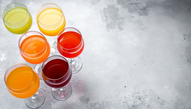 A colorful assortment of fresh fruit juices in elegant glasses on a textured grey surface, perfect for a healthy lifestyle