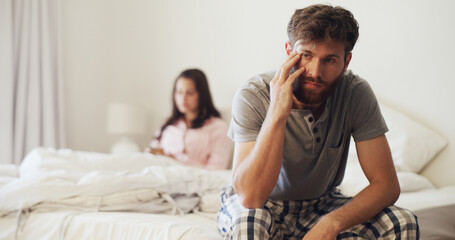Frustrated couple, headache and bed with stress for conflict, disagreement or argument in home....
