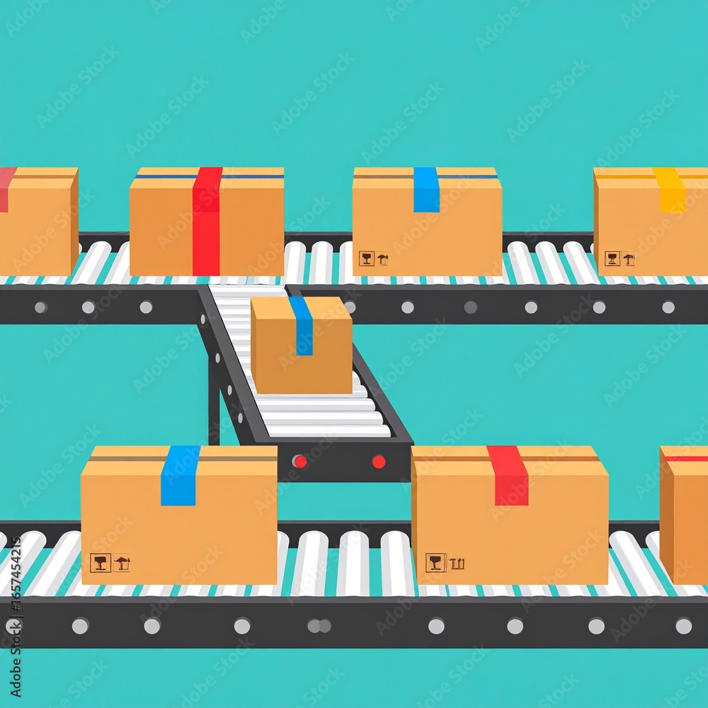 Poster a cardboard box conveyor belt system in a modern logistics facility. the image shows multiple boxes 