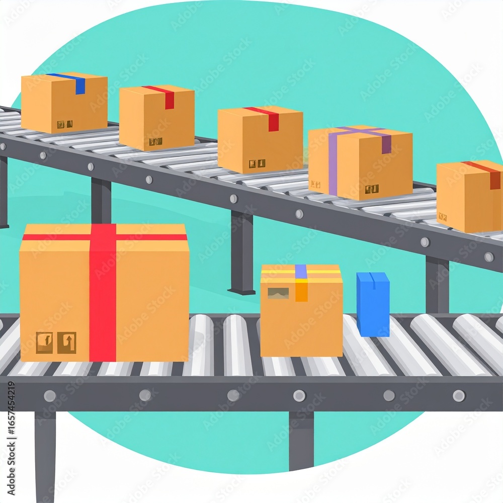 Poster a simple illustration of packages moving along multiple conveyor belts in a factory setting. the ima