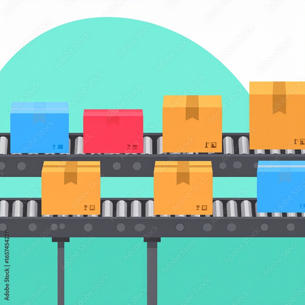 Poster colorful boxes move efficiently along a modern conveyor belt system, highlighting a smooth and autom