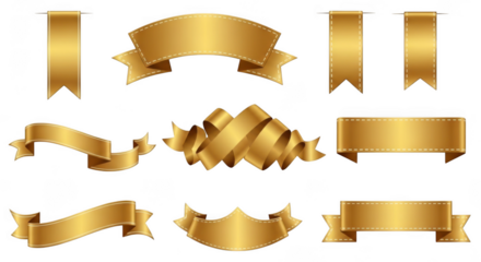 Collection of golden ribbons and banners isolated on transparent background, perfect for awards, celebrations, and luxury promotions