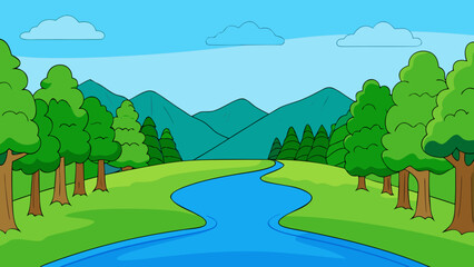 Obraz premium Cartoon Forest Landscape with River and Mountains
