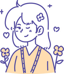 Smiling girl, simple line art, flowers, happy expression, pastel colors.