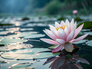 Softly Glowing Water Lily on a Misty Pond