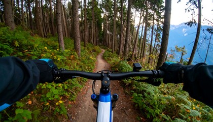 Mountain biking adventure through lush forests with breathtaking views, capturing the thrill of