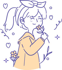 A cheerful cartoon girl smelling a flower, surrounded by hearts and floral elements, smiling with contentment.